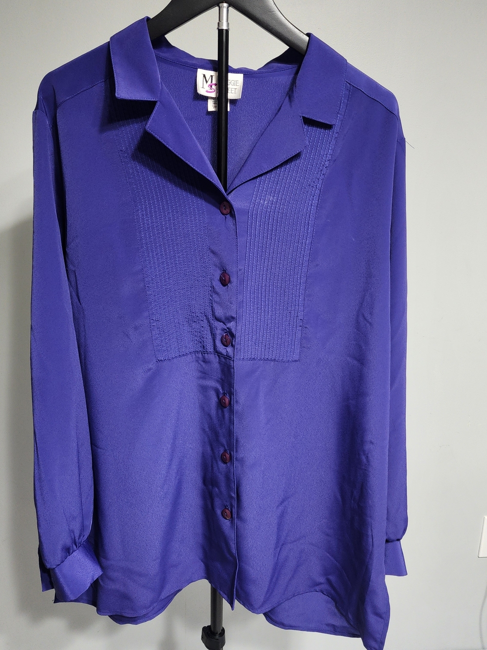 Vintage Maggie Sweet Royal Purple Pleated Long Sleeve Button-Down Shirt Size L